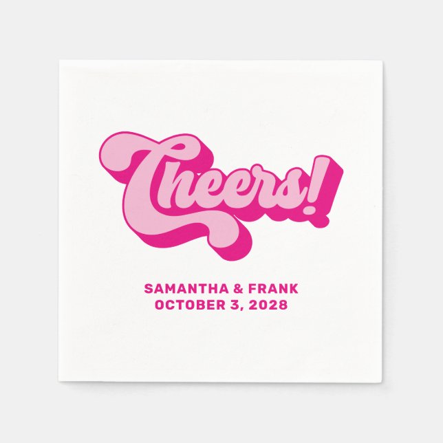 Retro Hot Pink Cheers Typography Wedding Napkin (Front)