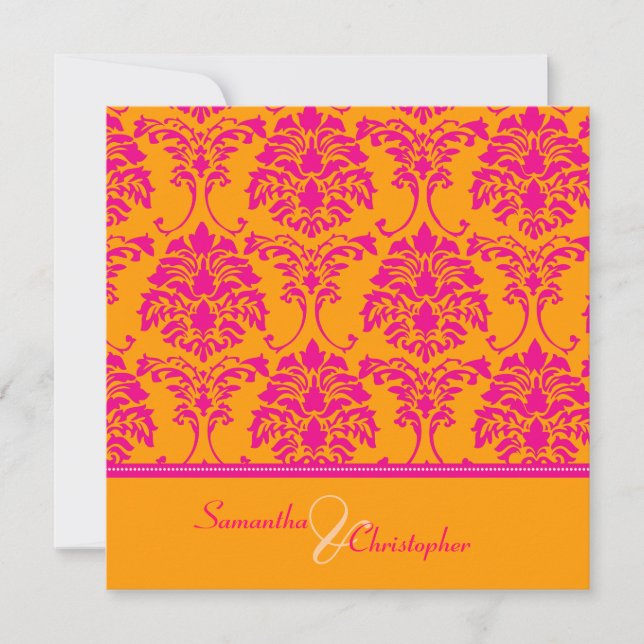 Retro hot pink damask wedding invitations (Front)