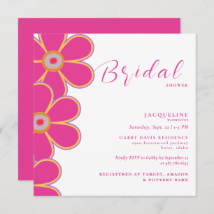 Retro Hot Pink Floral Square Bridal Shower  Invitation