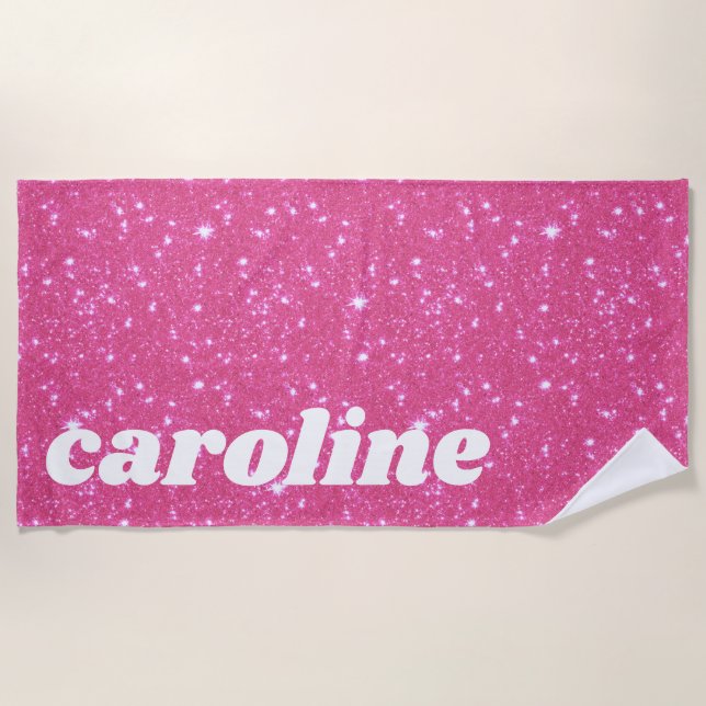 Retro Hot Pink Glitter Sparkle Personalised Name Beach Towel (Front)