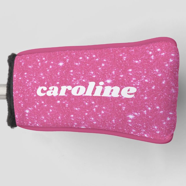 Retro Hot Pink Glitter Sparkle Personalised Name Golf Head Cover (Front)