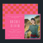 Retro Hot Pink Red Chequerboard Photo Bat Mitzvah Invitation<br><div class="desc">Retro Hot Pink and Red Chequerboard Photo Bat Mitzvah Invitation</div>