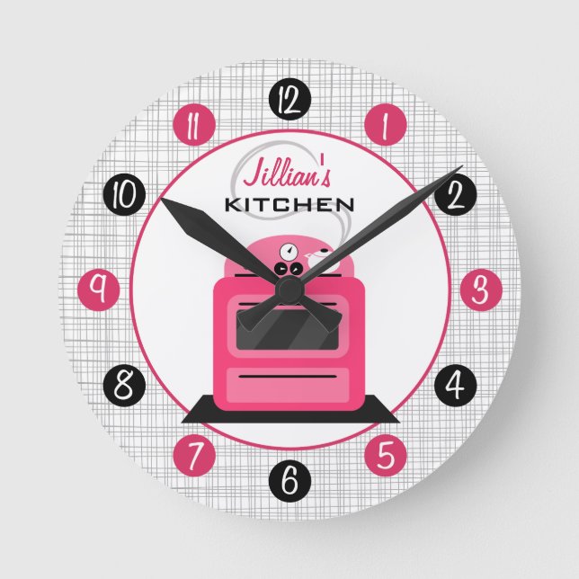 Retro Hot Pink Stove Personalised Kitchen Clock (Front)