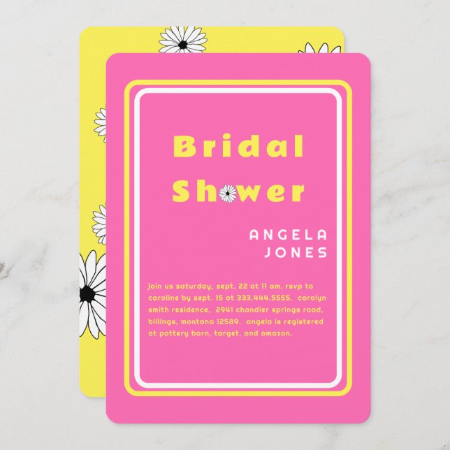 Retro Hot Pink/Yellow Daisies Bridal Shower  Invi Invitation (Front/Back)