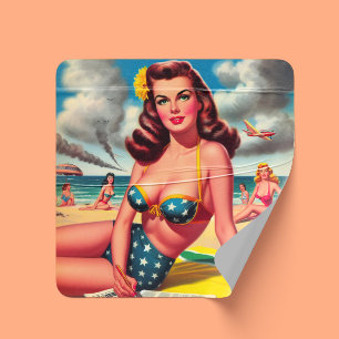 Retro Hot Vintage Beach Pin up Square Sticker