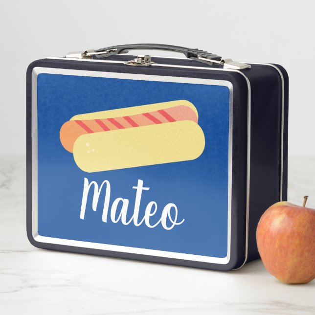 Retro Hotdog Ombre Stripes Kids Name Metal Lunch Box (In Situ)