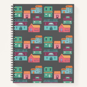 retro houses in small town pattern - black notebook