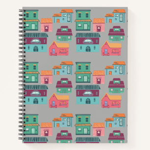 retro houses in small town pattern- grey notebook
