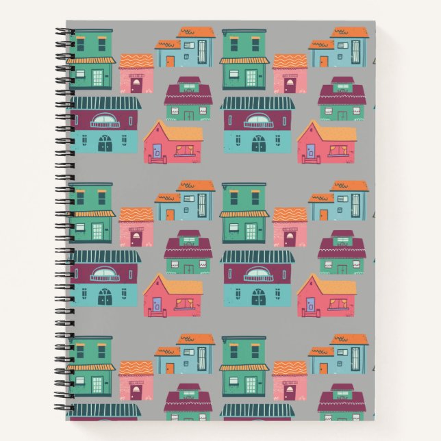 retro houses in small town pattern- grey notebook (Front)