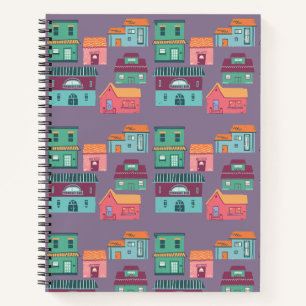 retro houses in small town pattern- purple notebook