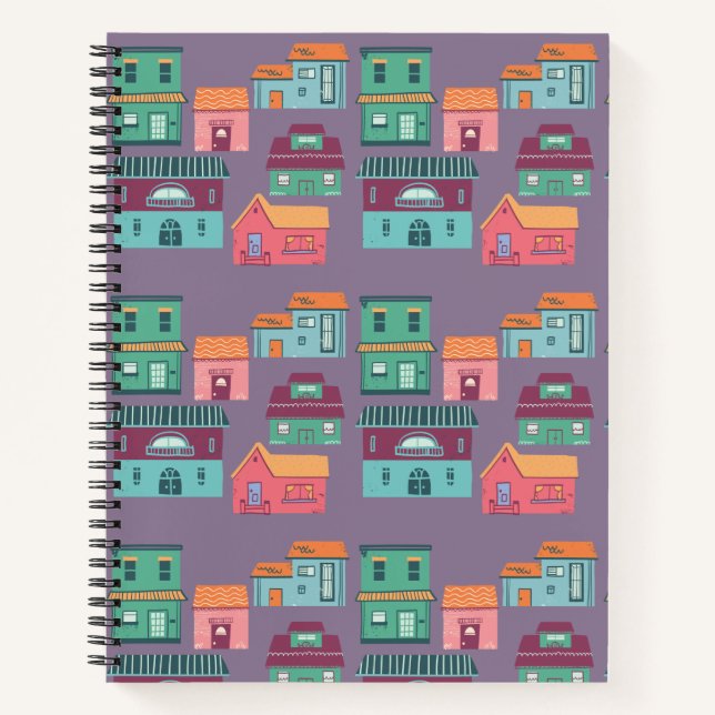 retro houses in small town pattern- purple notebook (Front)