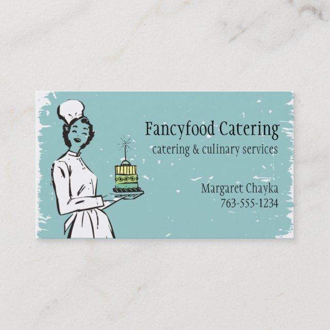 Retro housewife chef fancy gourmet catering business card (Front)