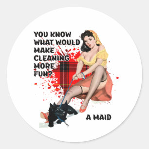 Retro Housewife Humour Pin-up with Scottie Art Classic Round Sticker