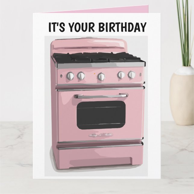 RETRO HOUSEWIFE PINK OVEN BIRTHDAY big CARD (Front)