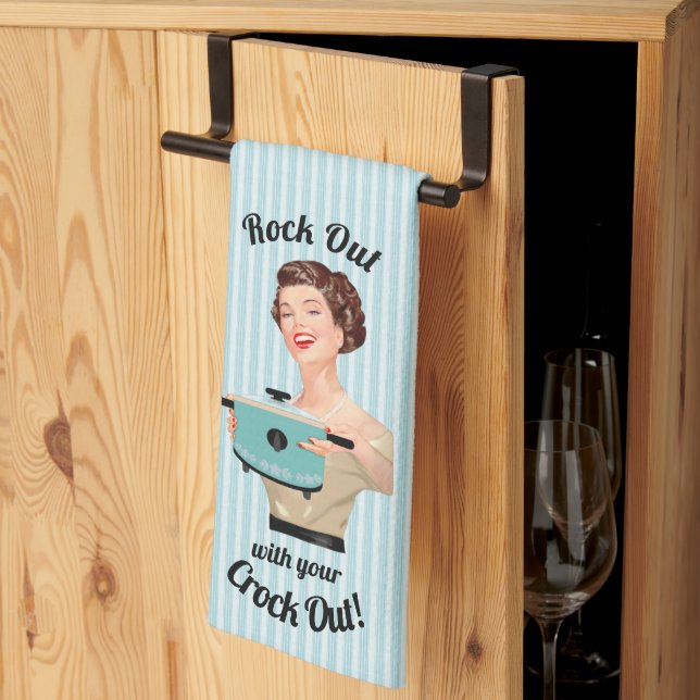 Retro Housewife Rock Out with your Crock Out Tea Towel (Thirds Fold)