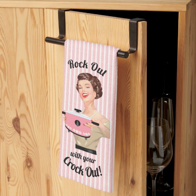 Retro Housewife Rock Out with your Crock Out Tea Towel (Thirds Fold)