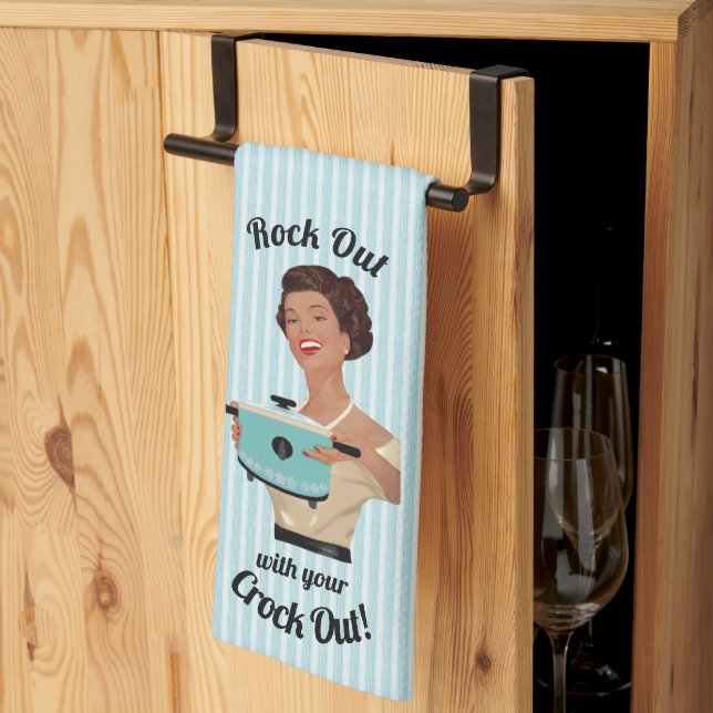 Retro Housewife Rock Out with your Crock Out WOC Tea Towel (Thirds Fold)