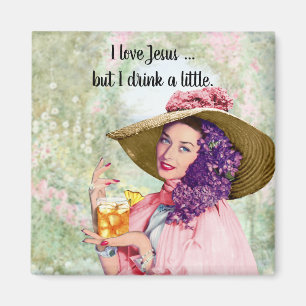Retro Housewife Sun Hat Cocktail Flowers Magnet