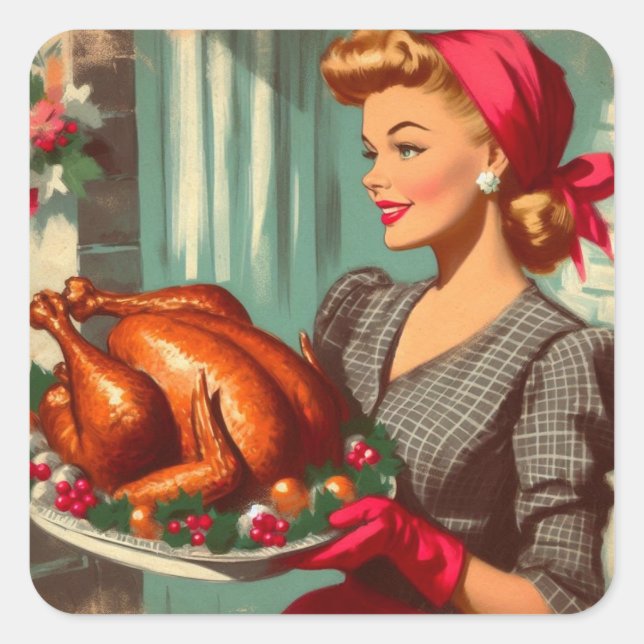 Retro Housewife Thanksgiving Turkey Vintage  Square Sticker (Front)