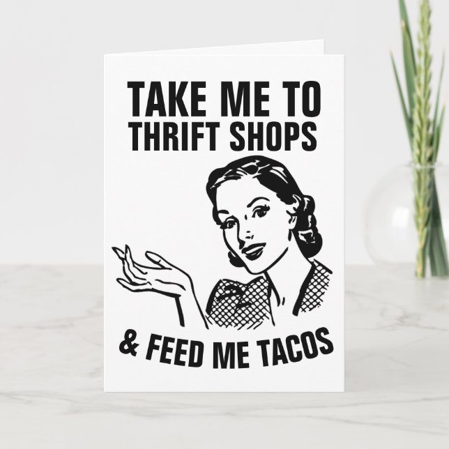 RETRO HOUSEWIFE THRIFT SHOPS & TACOS FUNNY Cards (Front)