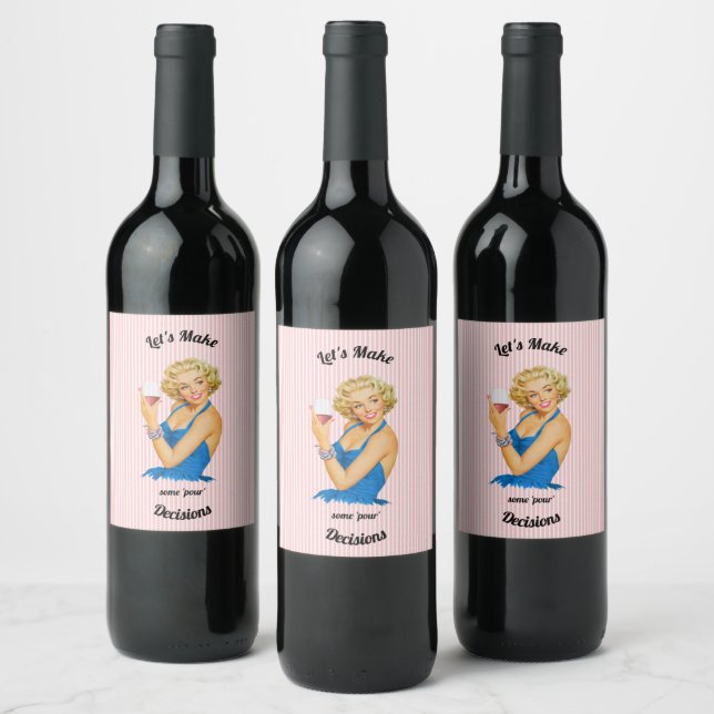 Retro Housewife Wine Pink Stripe Label (Bottles)