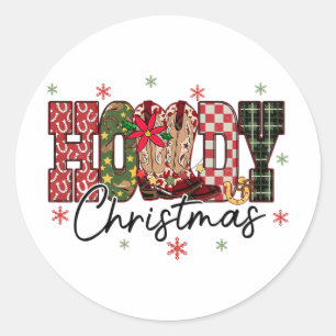 Retro Howdy Christmas Western Cowboy Boots Checker Classic Round Sticker