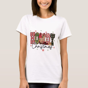 Retro Howdy Christmas Western Cowboy Boots Checker T-Shirt