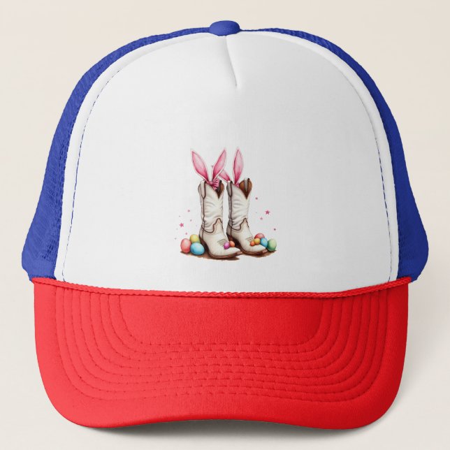 Retro Howdy Easter Funny Cowboy Boots Easter Egg Trucker Hat (Front)