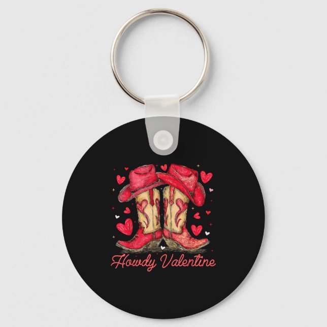 Retro Howdy Valentine Cowboy Boots Western Valenti Key Ring (Front)