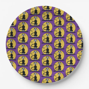 Retro Howling Halloween Cat and Moon Purple Paper Plate