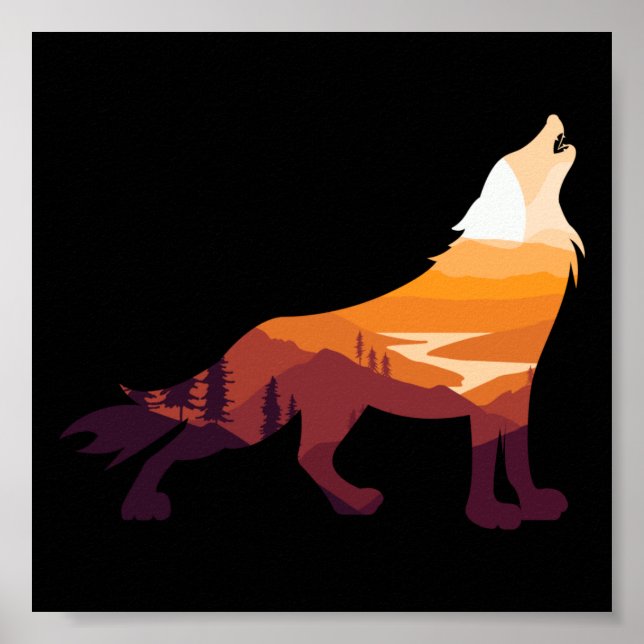Retro Howling Wolf Landscape Wilderness Sunset Poster (Front)