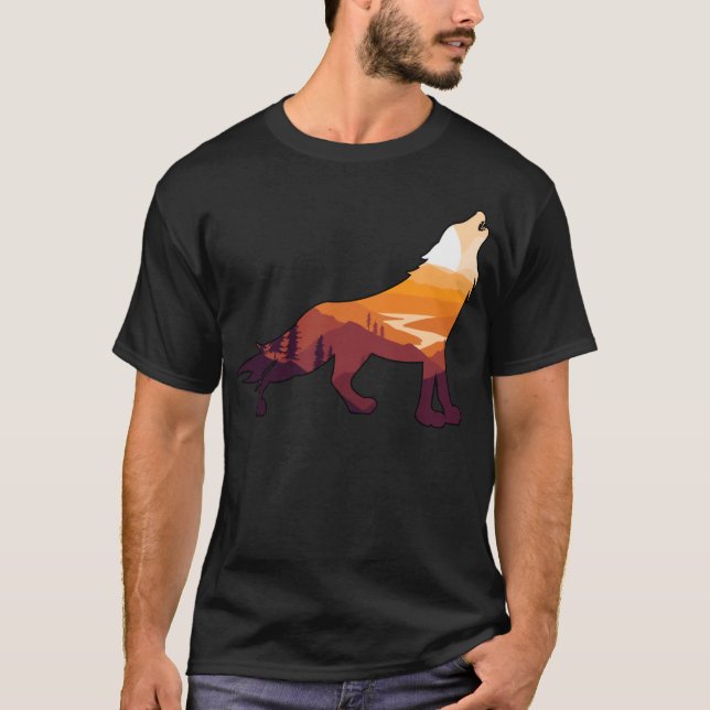 Retro Howling Wolf Landscape Wilderness Sunset T-Shirt (Front)