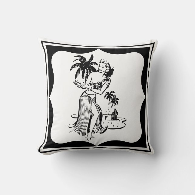Retro Hula Dancer Tropical Tiki Island Palm Tree Cushion (Front)