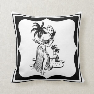 Retro Hula Dancer Tropical Tiki Island Palm Tree Cushion