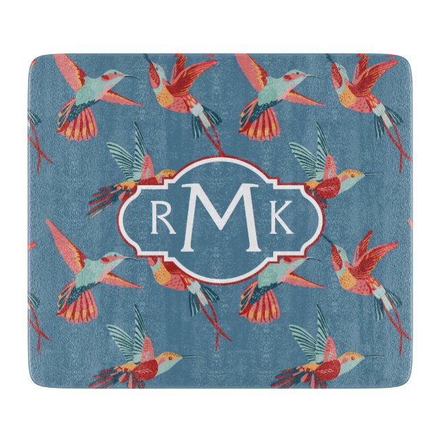 Retro Hummingbird Pattern | Monogram Cutting Board (Front)