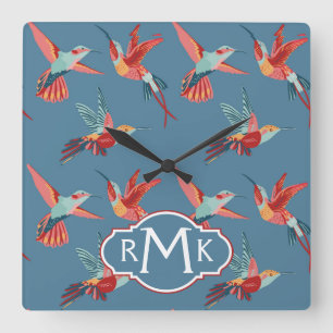 Retro Hummingbird Pattern Monogram Square Wall Clock