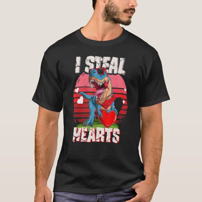 Retro I Steal Hearts Valentines Day Dinosaur Boys  T-Shirt (Front)