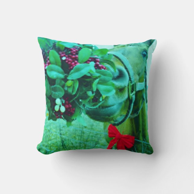 Retro Ice Blue, Brown Horse,Christmas Red Bow Cushion (Front)