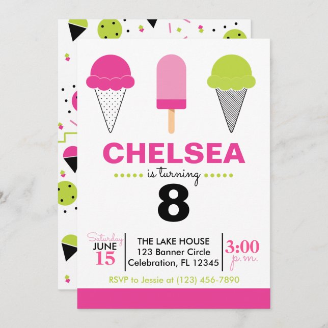 Retro Ice Cream Birthday Invitation – Pink & Mint  (Front/Back)