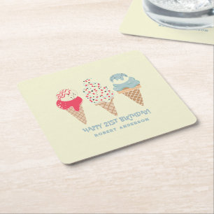 Retro Ice Cream Cone 21st Birthday Custom Square Paper Coaster