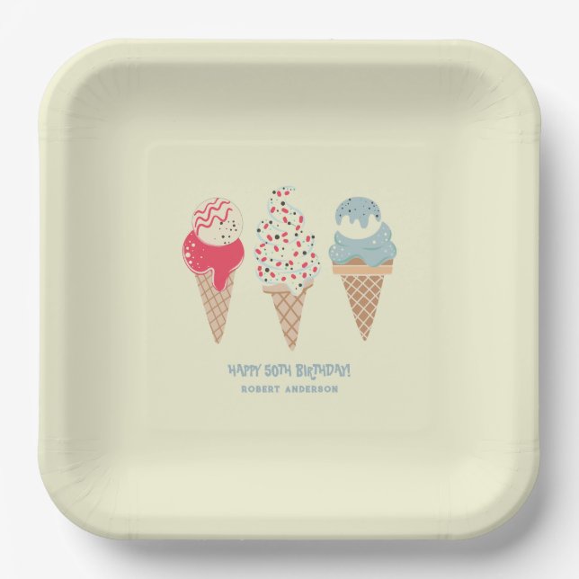 Retro Ice Cream Cone 50th Birthday Custom Paper Plate (Front)