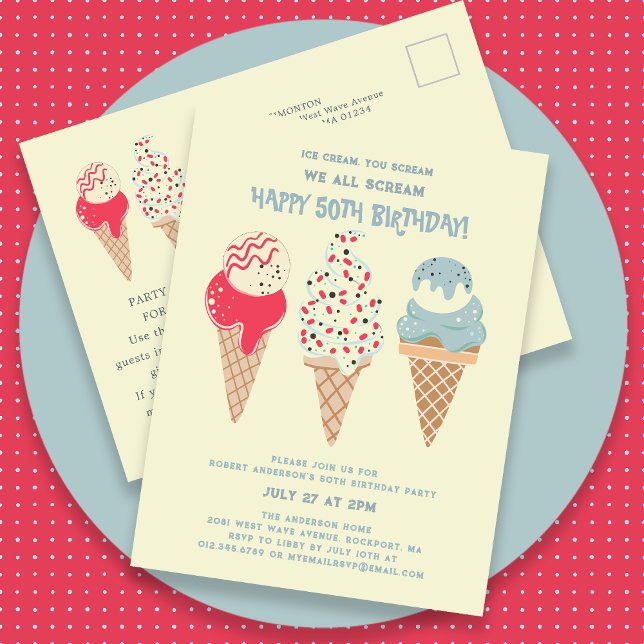 Retro Ice Cream Cone 50th Birthday Invitation Postcard (Creator Uploaded)