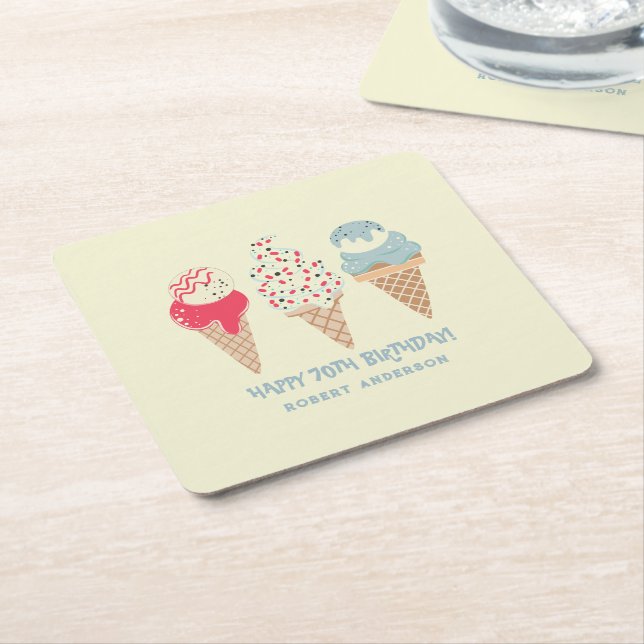 Retro Ice Cream Cone 70th Birthday Custom Square Paper Coaster (Angled)