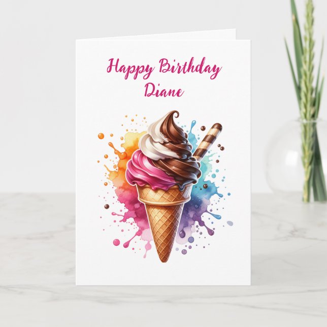 Retro Ice Cream Cone and Colouring Page Birthday Card (Front)