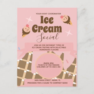 Retro Ice Cream Cone Social Flyers Invitation Pink Postcard