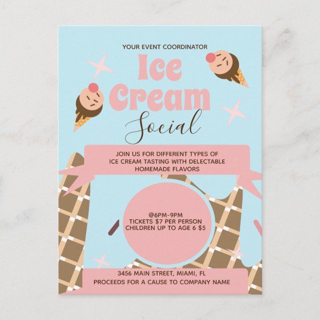Retro Ice Cream Cone Social Flyers Invitation Pink Postcard (Front)