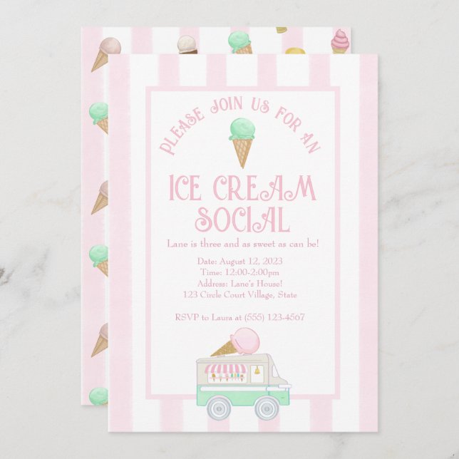 Retro Ice Cream Social Birthday Party Invitation (Front/Back)