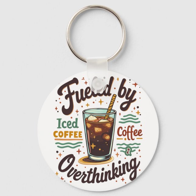 Retro Iced Coffee and Overthinking Funny Graphic Key Ring (Front)