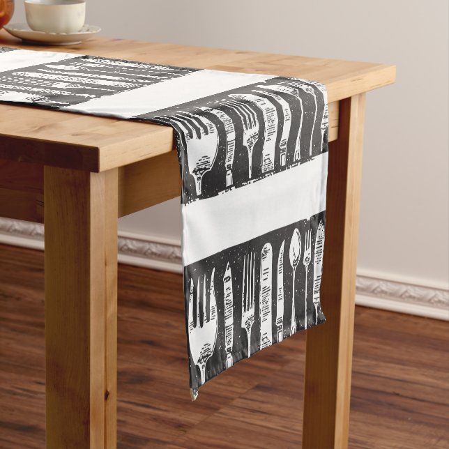 Retro Illustrated Cutlery Art Black and White Short Table Runner (In Situ)
