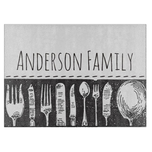 Retro Illustrated Cutlery Personalised Family Cutting Board (Front)